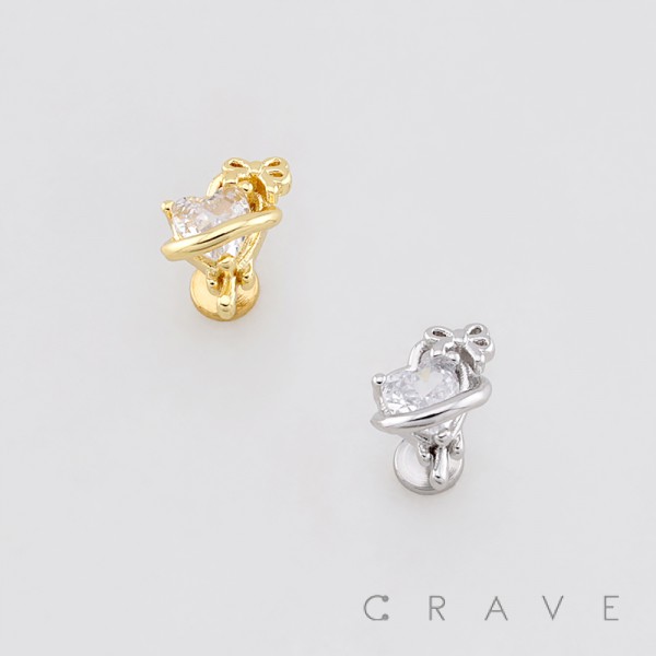 SLEEK RIBBON DESIGN HEART CZ PUSHIN (THREADLESS) 316L SURGICAL STEEL LABRET SET